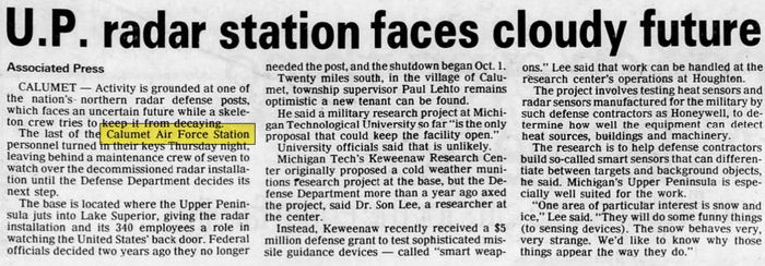 Calumet Air Force Station (Open Skies Project) - Dec 1988 Article